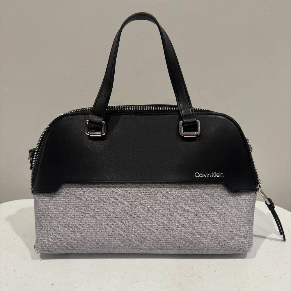 Calvin Klein Jasper Double Compartment Satchel Crossbody Bag Black Grey Career